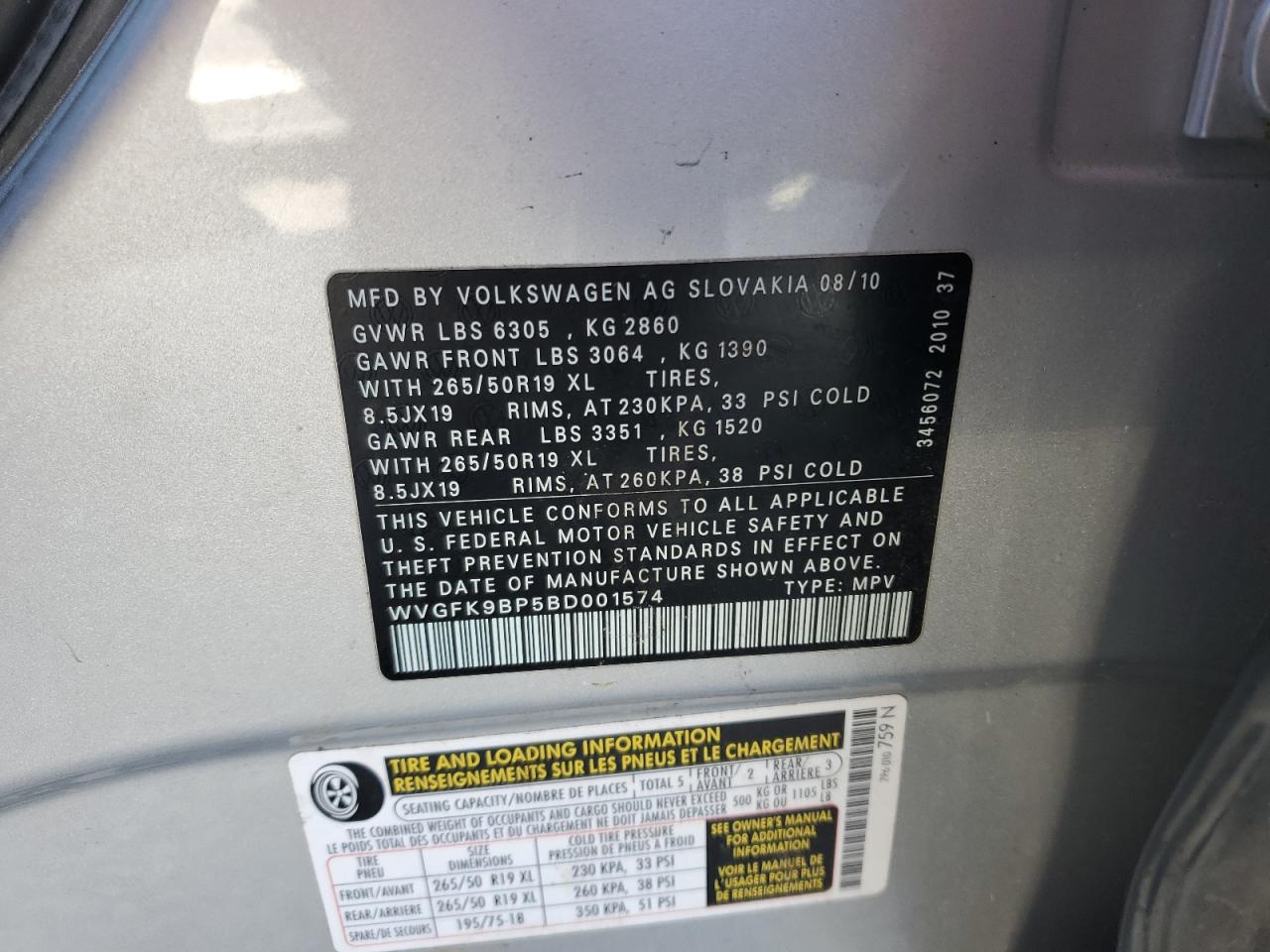 2011 Volkswagen Touareg V6 Tdi VIN: WVGFK9BP5BD001574 Lot: 92603675