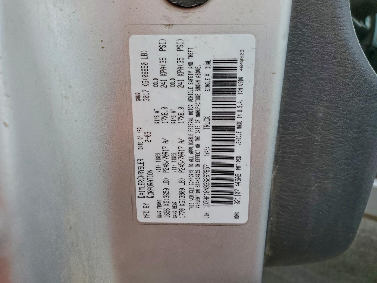 2003 Dodge Ram 1500 St VIN: 1D7HA18N93S267657 Lot: 93654605