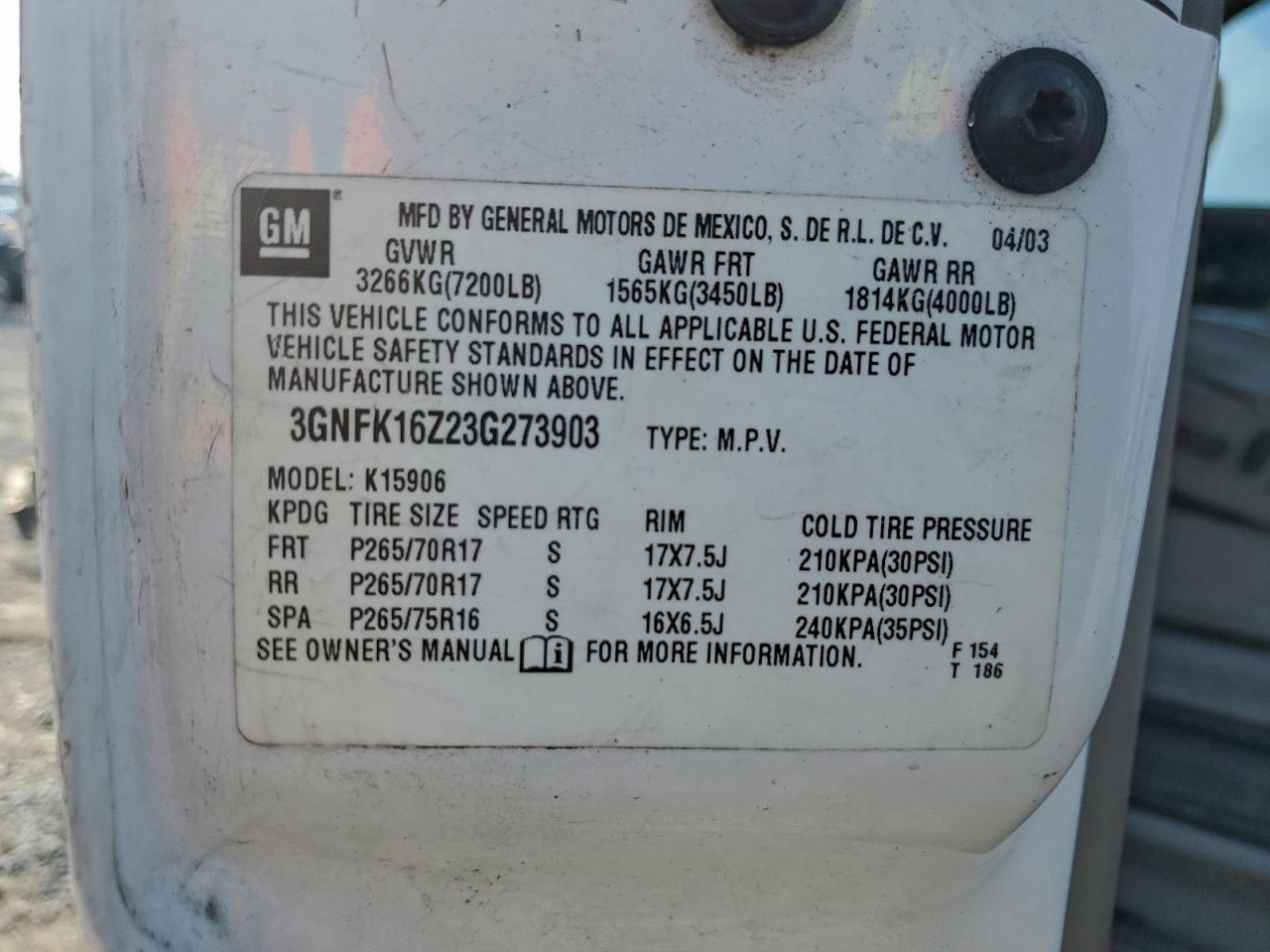 2003 Chevrolet Suburban K1500 VIN: 3GNFK16Z23G273903 Lot: 92955155