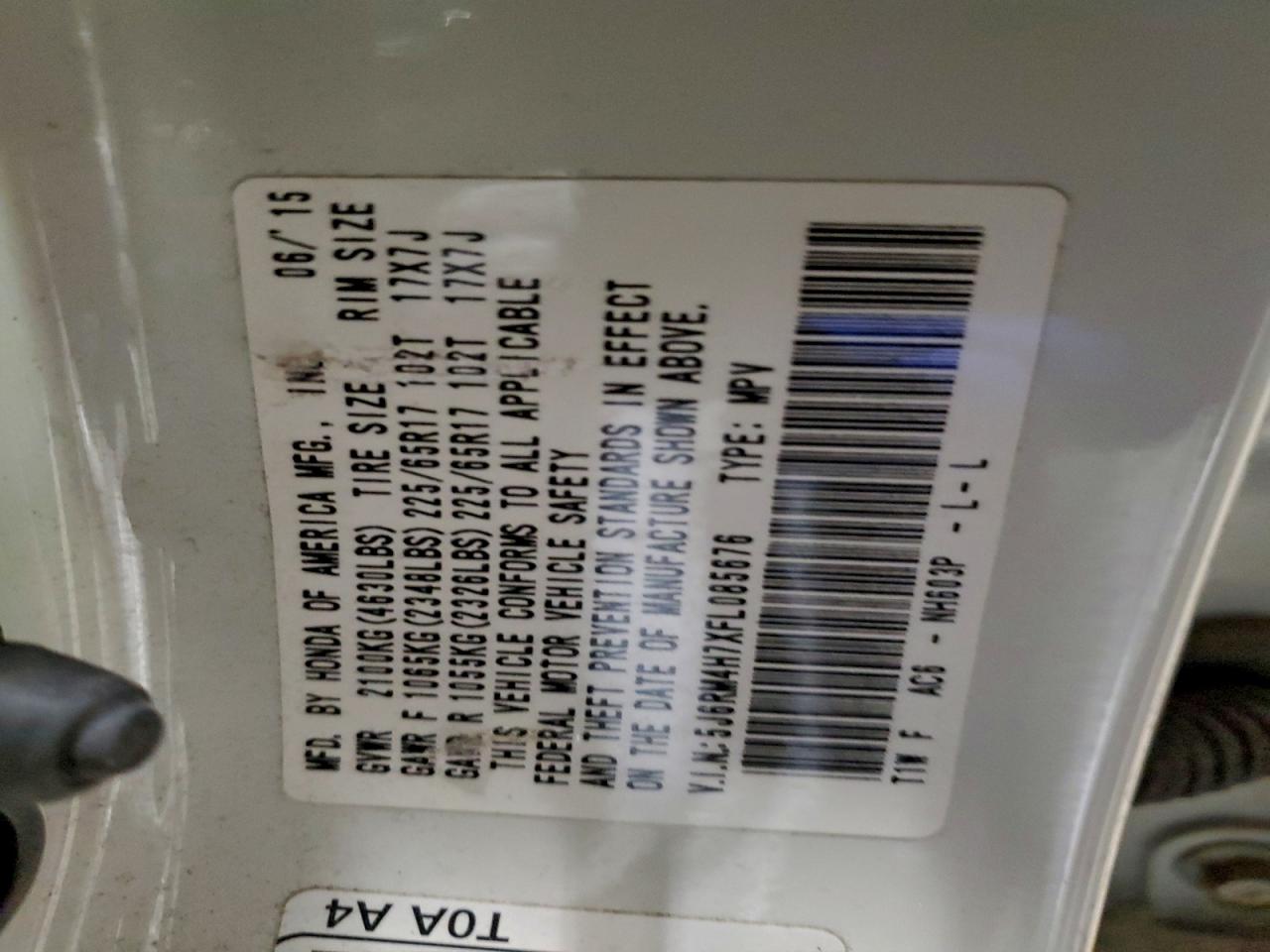 2015 Honda Cr-V Exl VIN: 5J6RM4H7XFL085676 Lot: 94355085