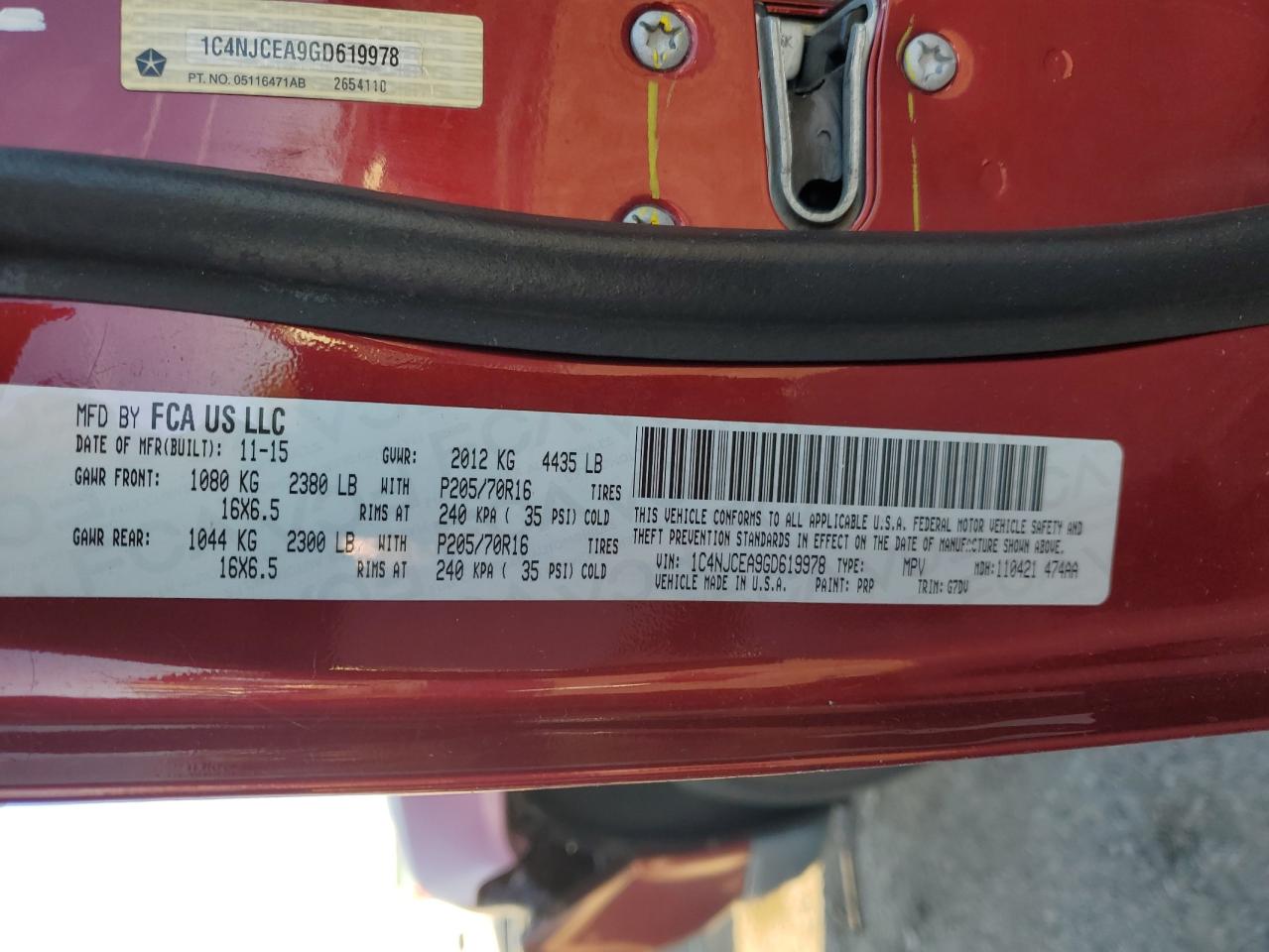 2016 Jeep Compass Latitude VIN: 1C4NJCEA9GD619978 Lot: 92174055