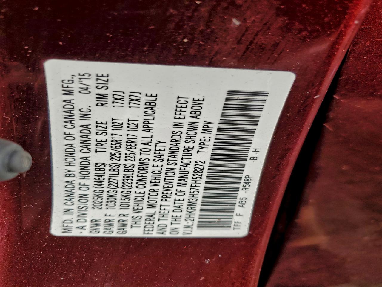 2015 Honda Cr-V Ex VIN: 2HKRM3H57FH528272 Lot: 94491905