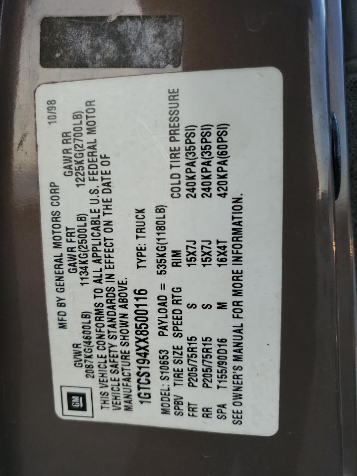 1999 GMC Sonoma VIN: 1GTCS194XX8500116 Lot: 93395285