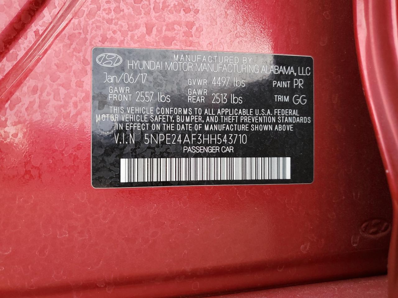 2017 Hyundai Sonata Se VIN: 5NPE24AF3HH543710 Lot: 92926585