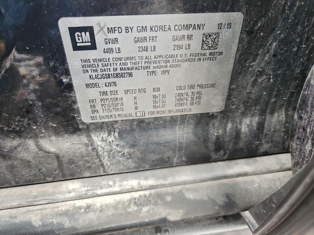 2016 Buick Encore VIN: KL4CJGSB1GB582796 Lot: 94354765