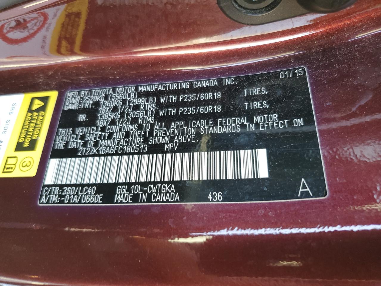 2015 Lexus Rx 350 VIN: 2T2ZK1BA6FC180513 Lot: 91860135