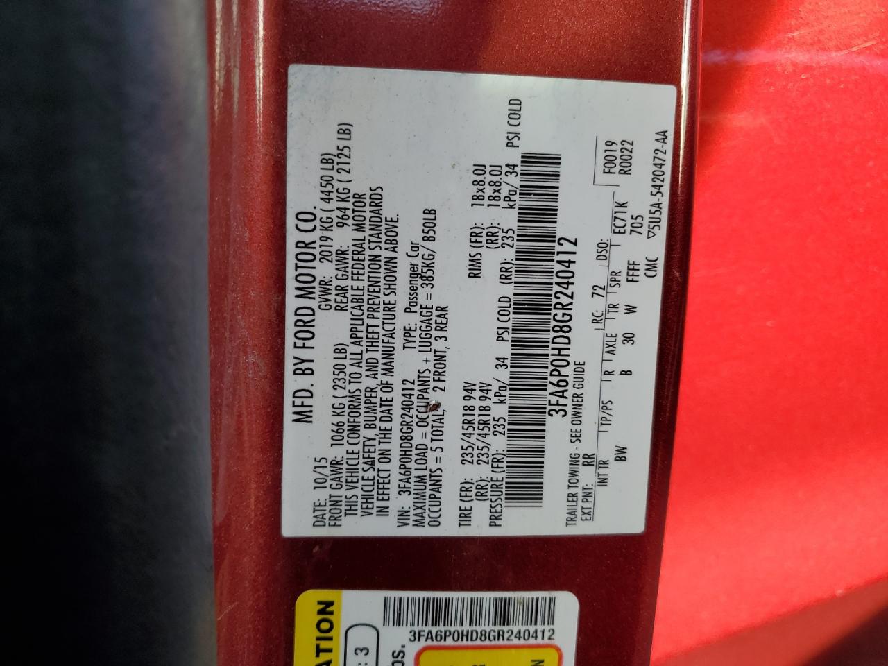 2016 Ford Fusion Se VIN: 3FA6P0HD8GR240412 Lot: 91803605