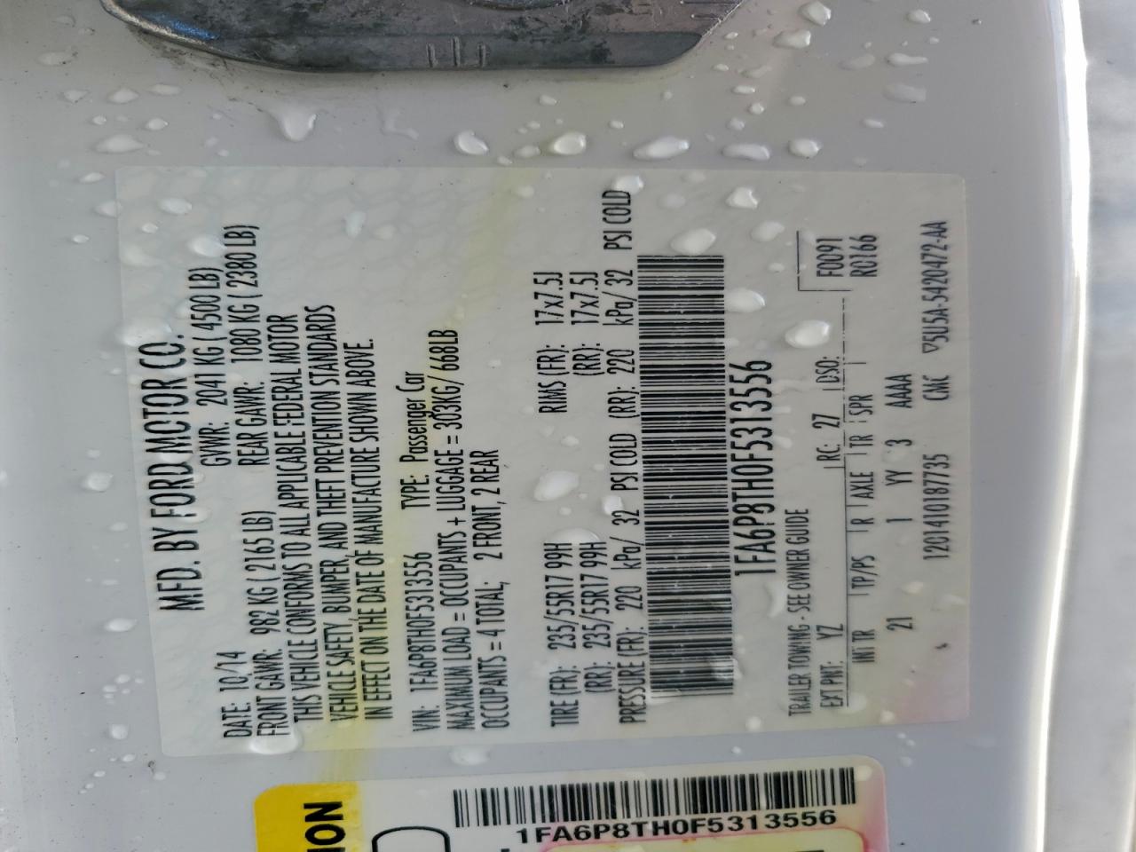 2015 Ford Mustang VIN: 1FA6P8TH0F5313556 Lot: 93080805