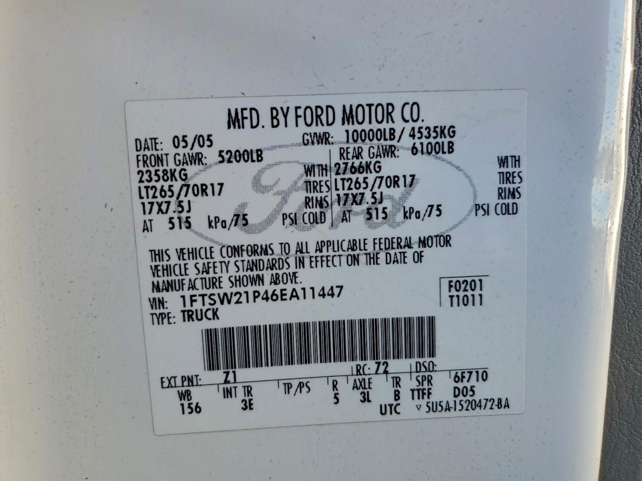 2006 Ford F250 Super Duty VIN: 1FTSW21P46EA11447 Lot: 93968455