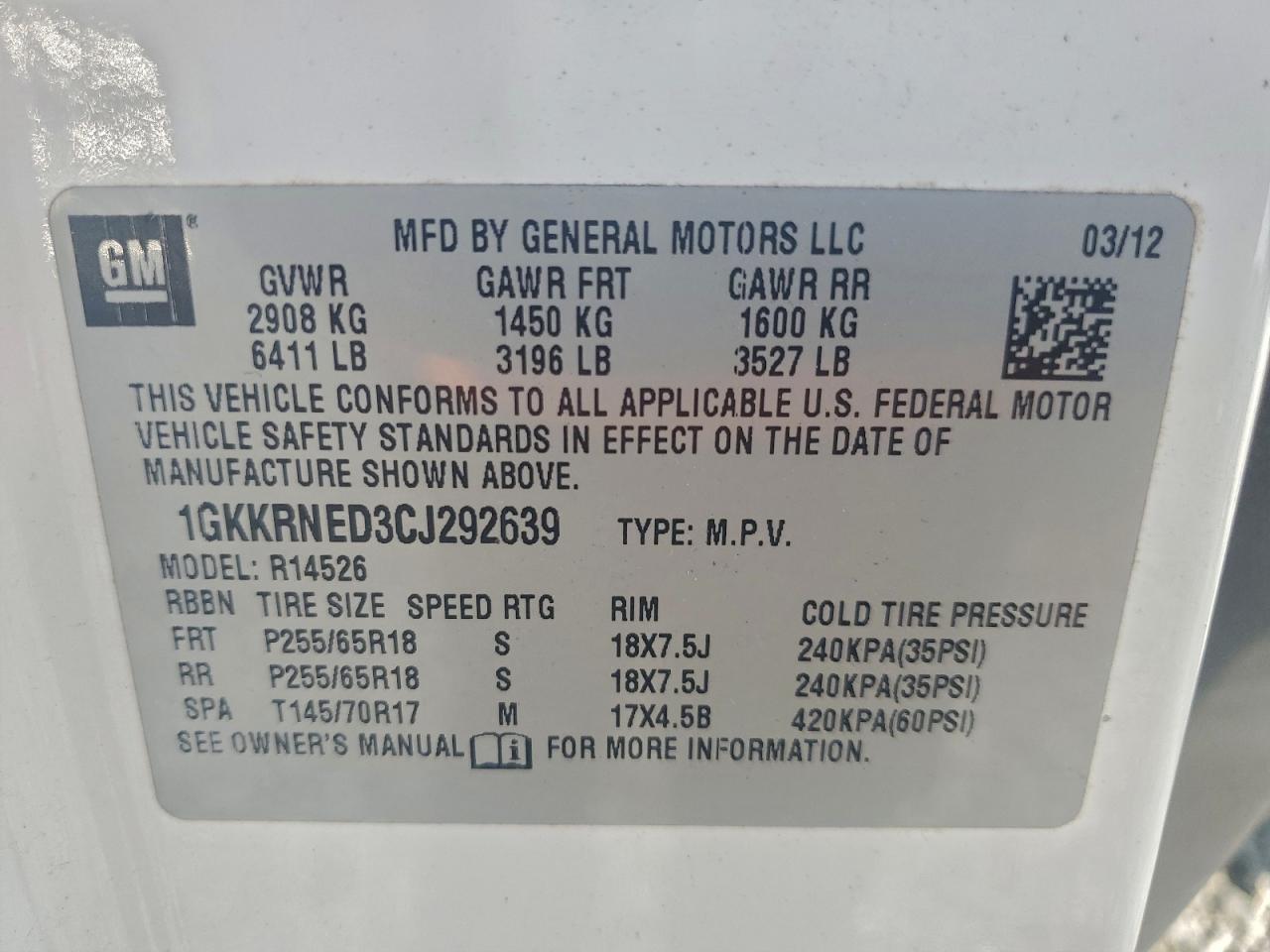 2012 GMC Acadia Sle VIN: 1GKKRNED3CJ292639 Lot: 94439575