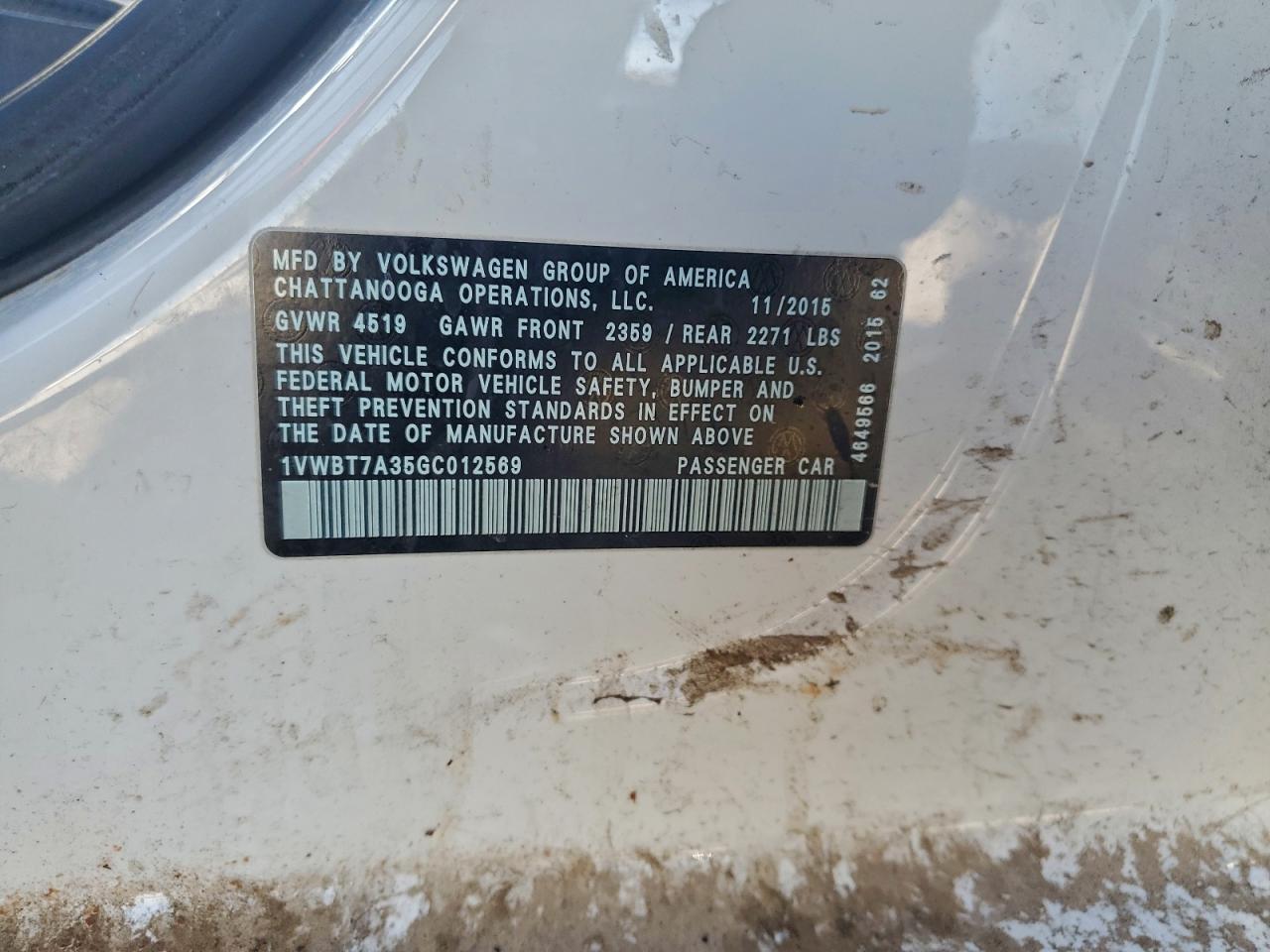 2016 Volkswagen Passat Se VIN: 1VWBT7A35GC012569 Lot: 94371135