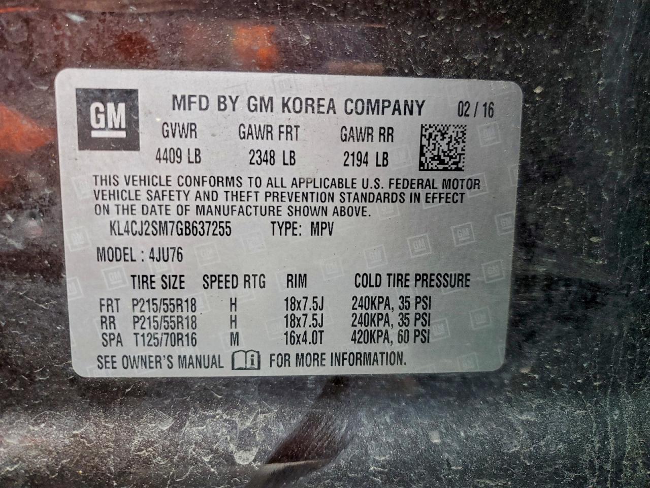 2016 Buick Encore Sport Touring VIN: KL4CJ2SM7GB637255 Lot: 94324555