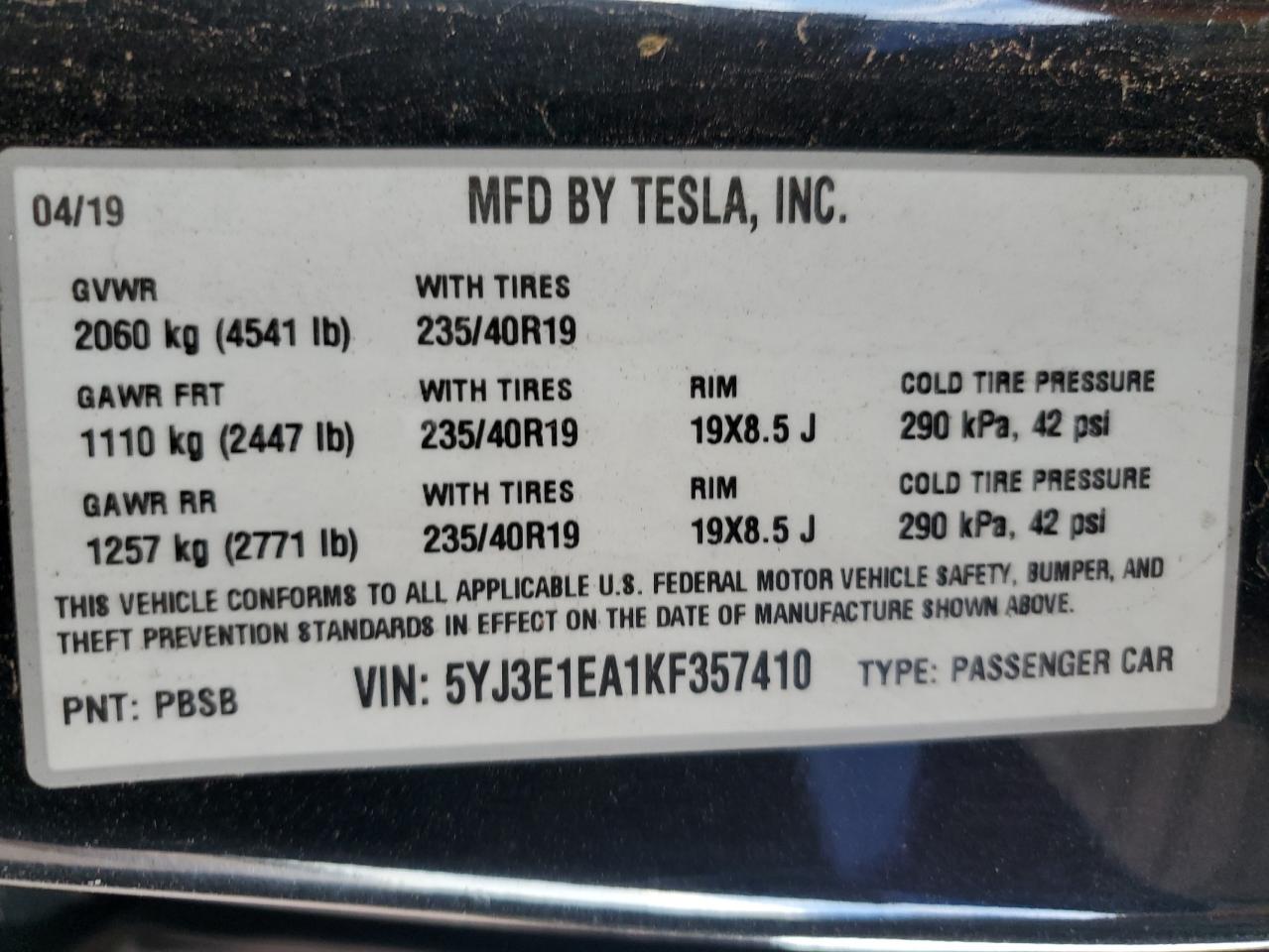 2019 Tesla Model 3 VIN: 5YJ3E1EA1KF357410 Lot: 90082245