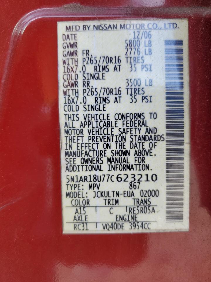 2007 Nissan Pathfinder Le VIN: 5N1AR18U77C623210 Lot: 92858505