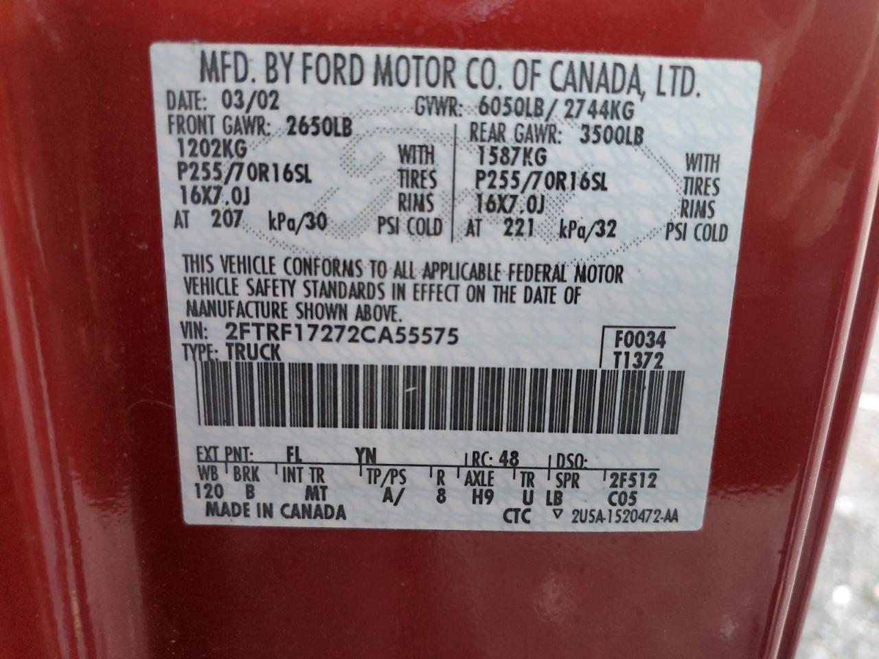 2002 Ford F150 VIN: 2FTRF17272CA55575 Lot: 92946315