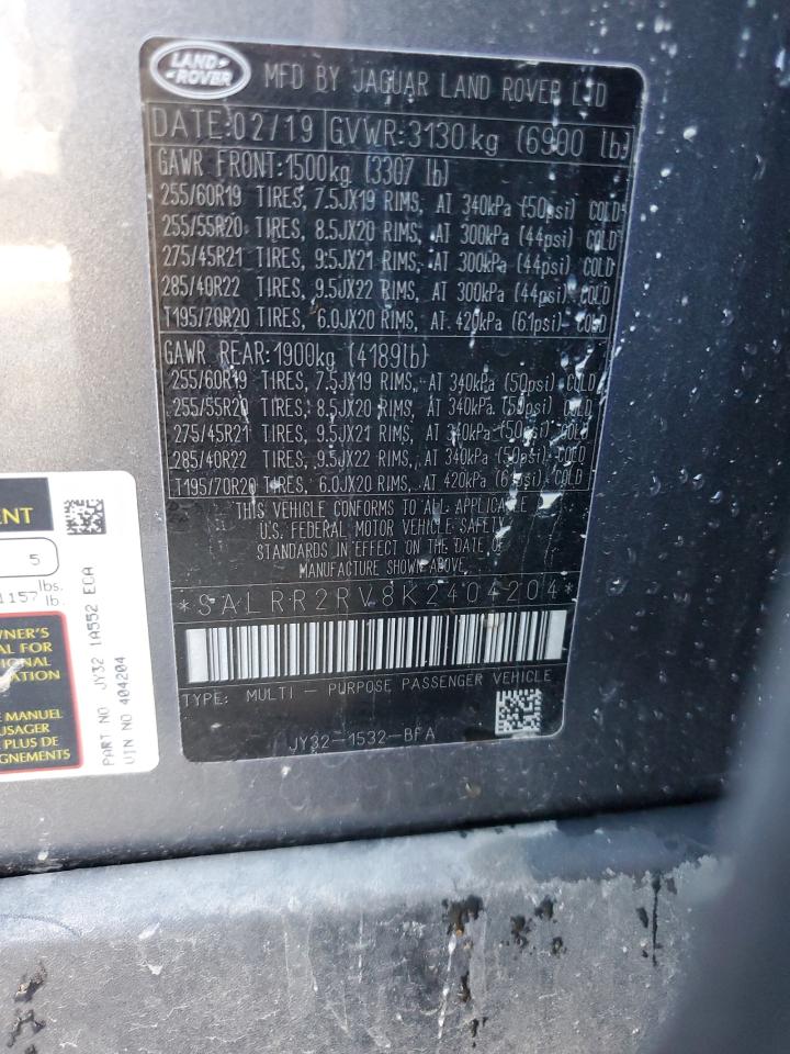 2019 Land Rover Discovery Hse VIN: SALRR2RV8K2404204 Lot: 91323915
