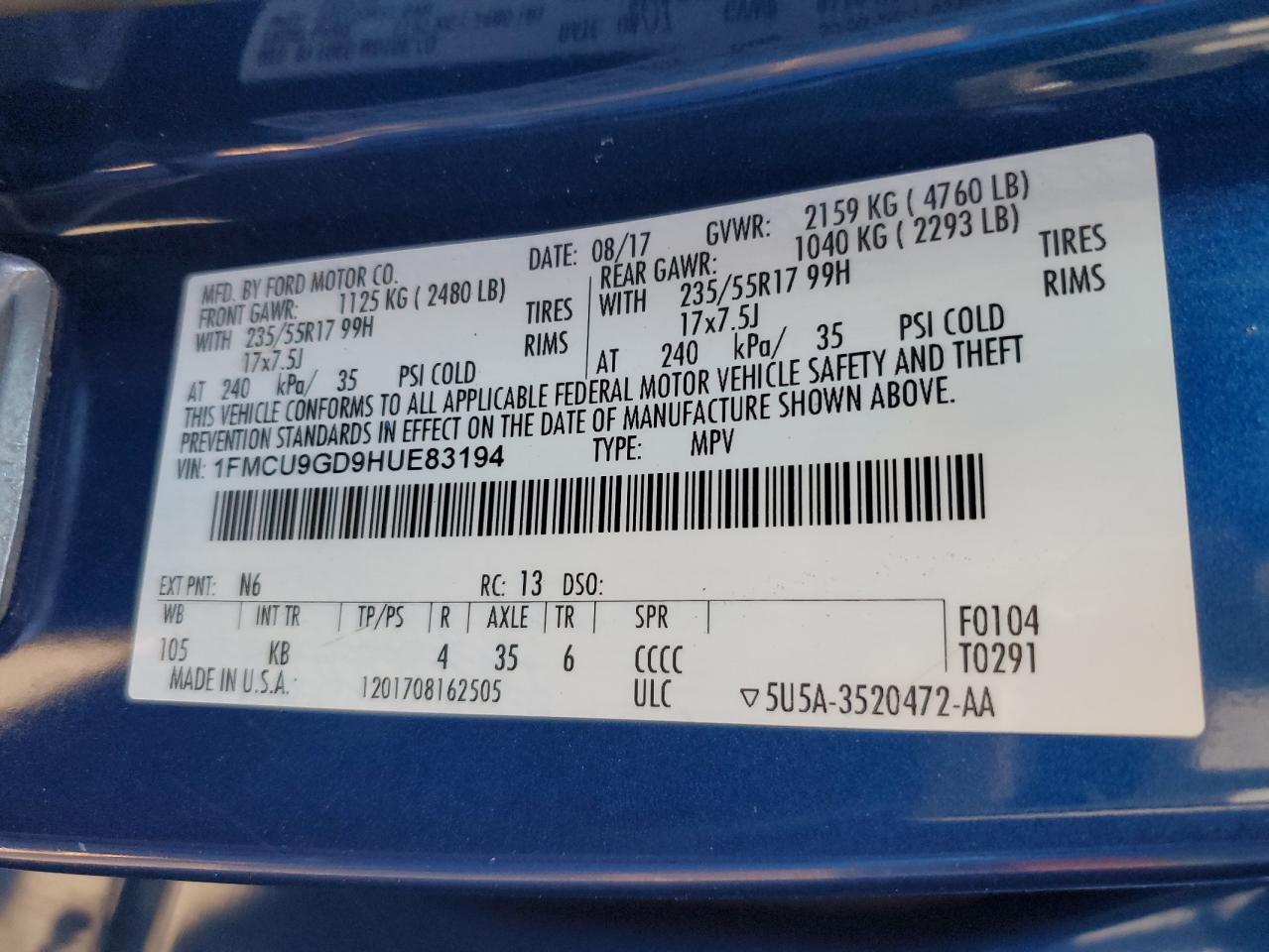 2017 Ford Escape Se VIN: 1FMCU9GD9HUE83194 Lot: 91211475