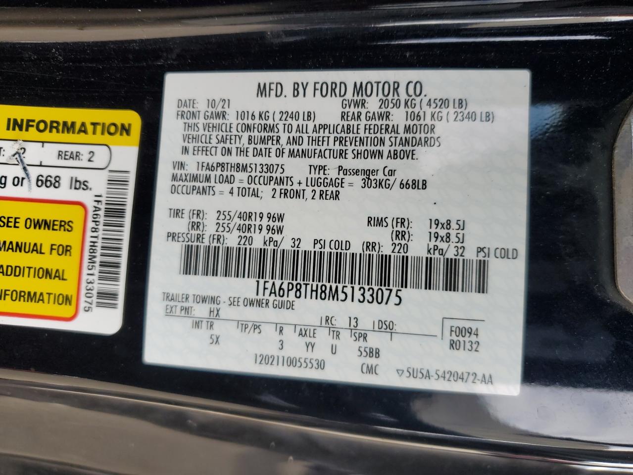 2021 Ford Mustang VIN: 1FA6P8TH8M5133075 Lot: 92686085