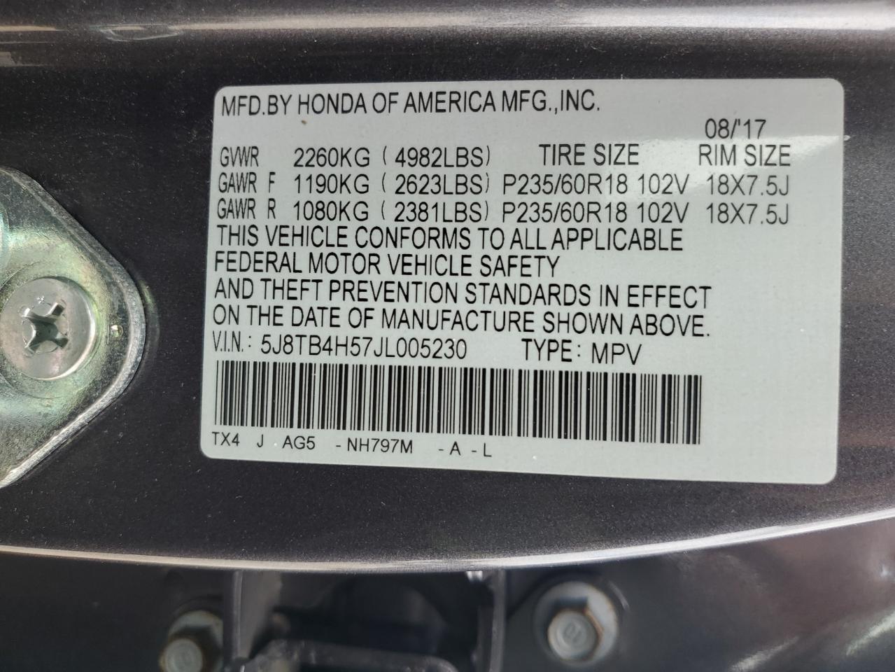 2018 Acura Rdx Technology VIN: 5J8TB4H57JL005230 Lot: 91771315