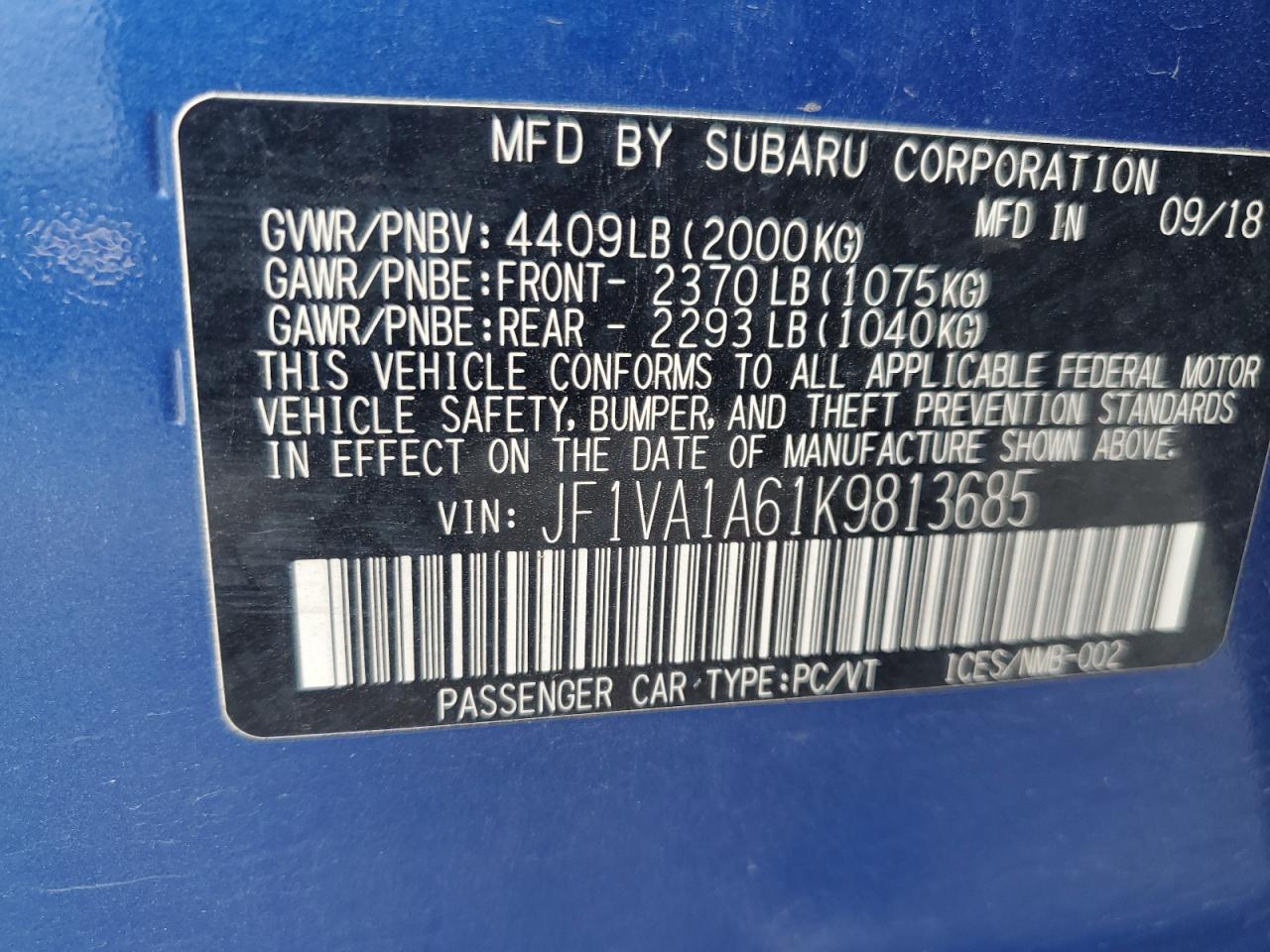 2019 Subaru Wrx VIN: JF1VA1A61K9813685 Lot: 91140965