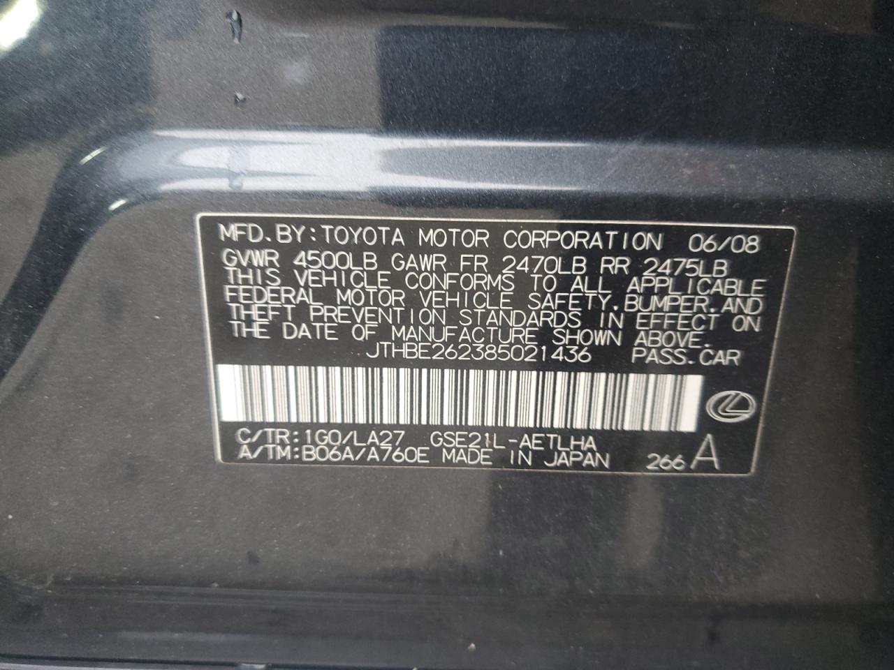 2008 Lexus Is 350 VIN: JTHBE262385021436 Lot: 92610095