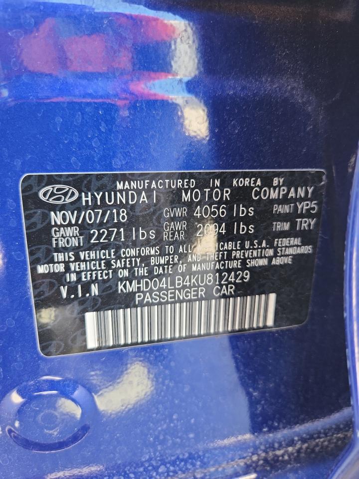 2019 Hyundai Elantra Sport VIN: KMHD04LB4KU812429 Lot: 93221915
