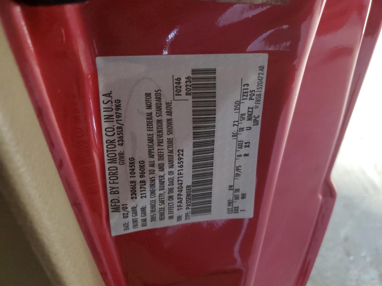 2001 Ford Mustang VIN: 1FAFP40471F165922 Lot: 85429435