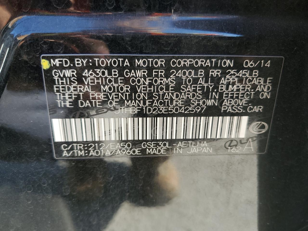 2014 Lexus Is 250 VIN: JTHBF1D23E5042597 Lot: 90019555