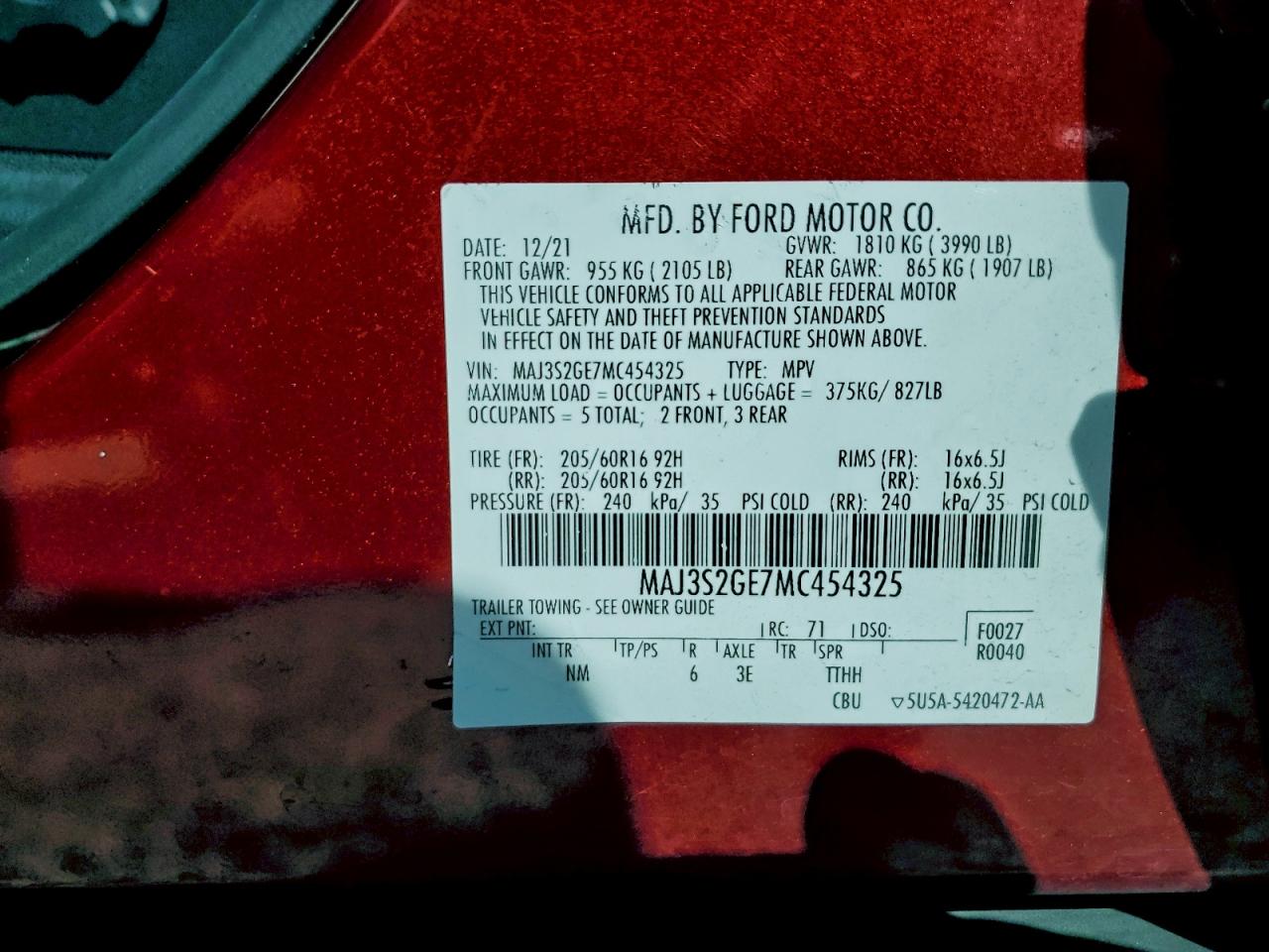 2021 Ford Ecosport Se VIN: MAJ3S2GE7MC454325 Lot: 94029115