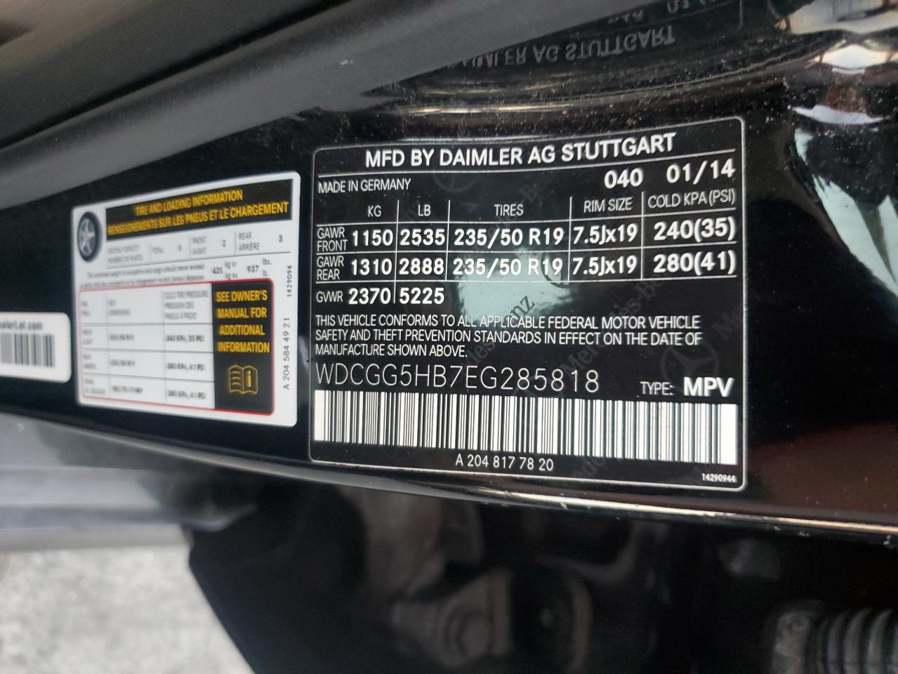 2014 Mercedes-Benz Glk 350 VIN: WDCGG5HB7EG285818 Lot: 91630255