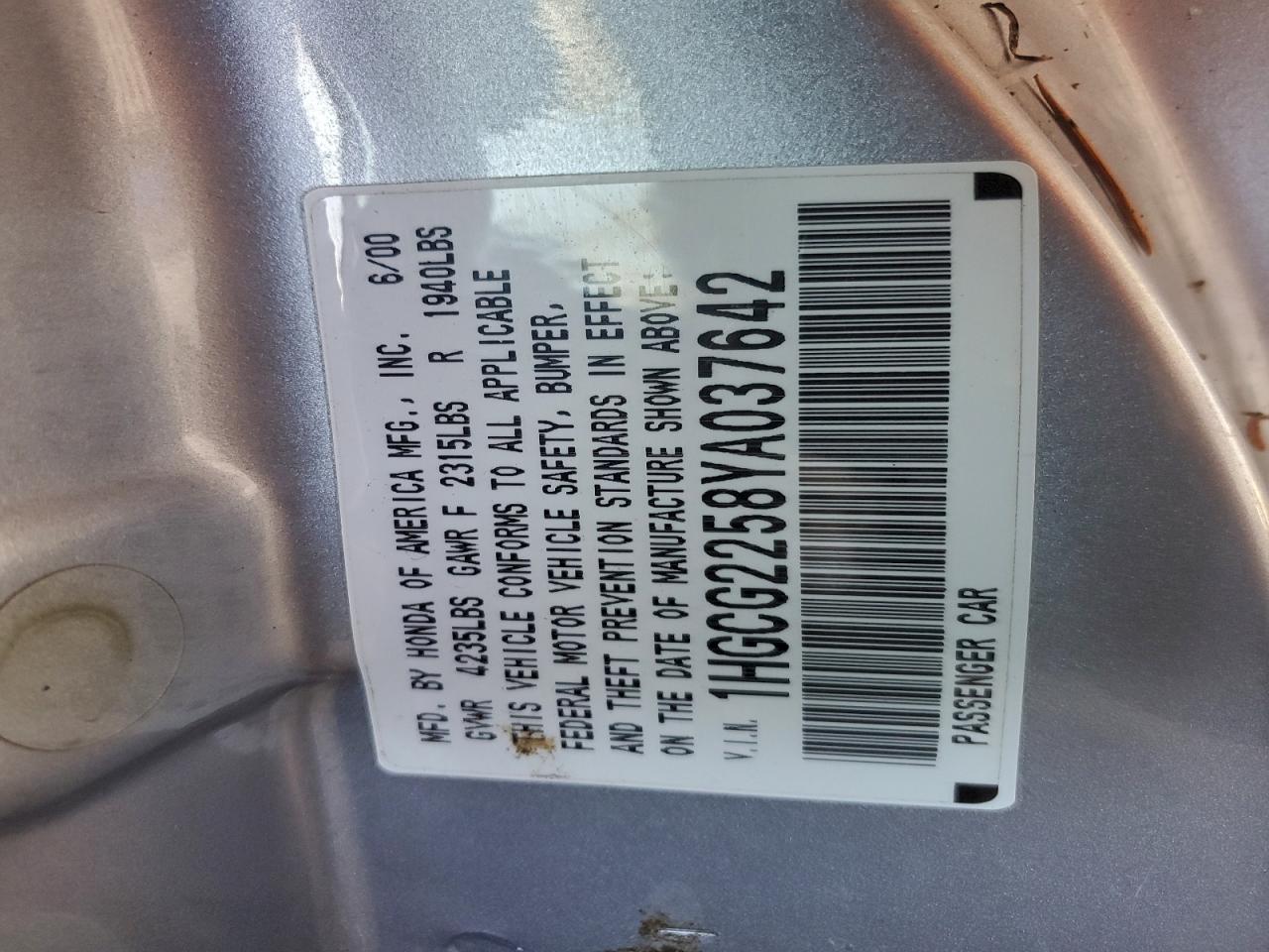 2000 Honda Accord Ex VIN: 1HGCG2258YA037642 Lot: 94565805