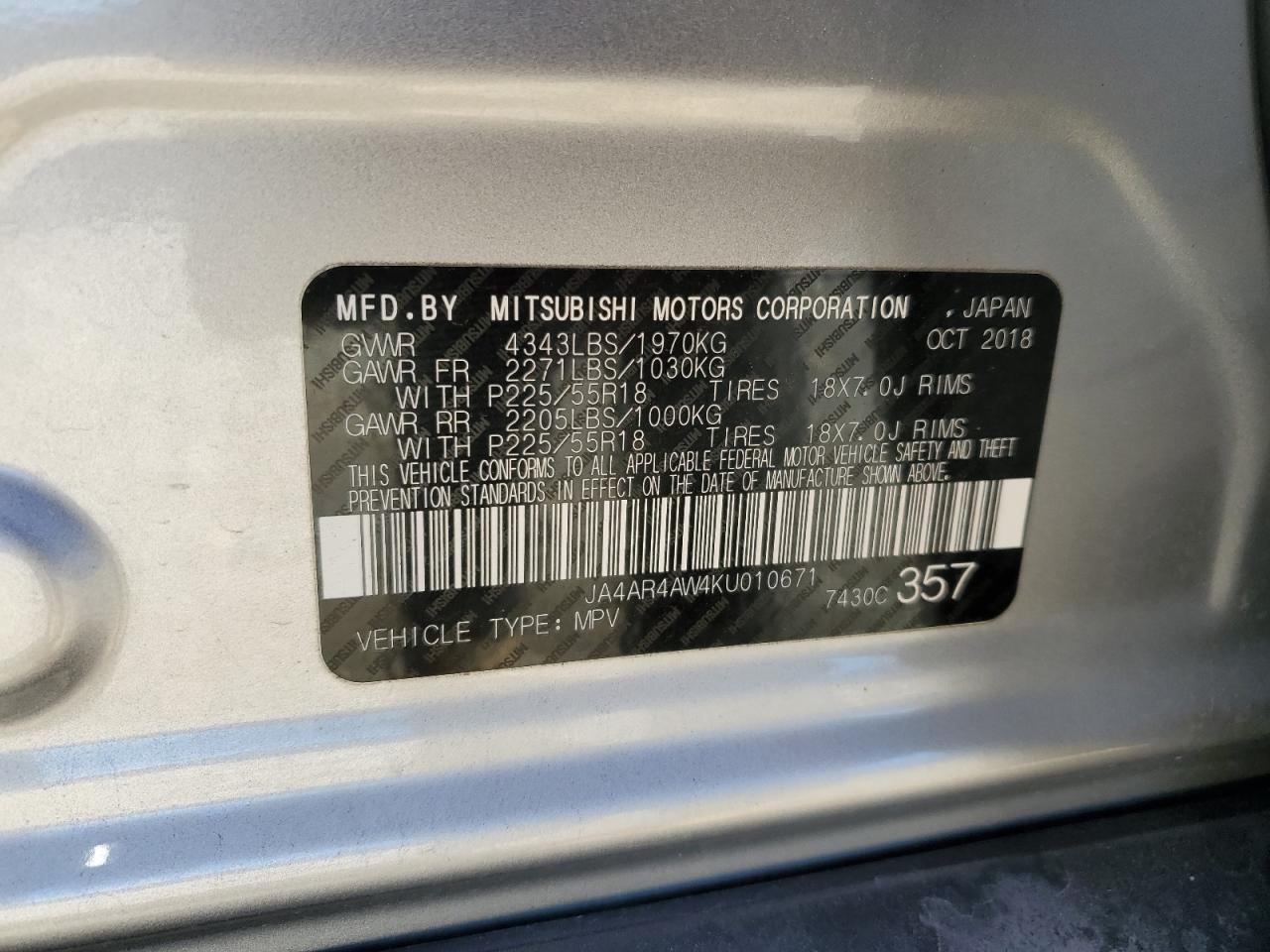 2019 Mitsubishi Outlander Sport Gt VIN: JA4AR4AW4KU010671 Lot: 91021145