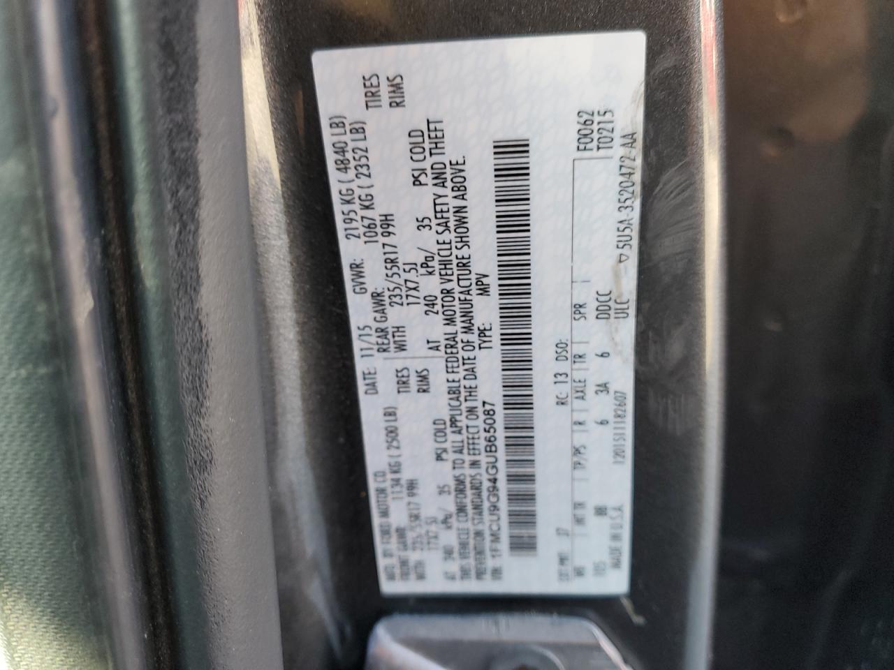 2016 Ford Escape Se VIN: 1FMCU9G94GUB65087 Lot: 92539555