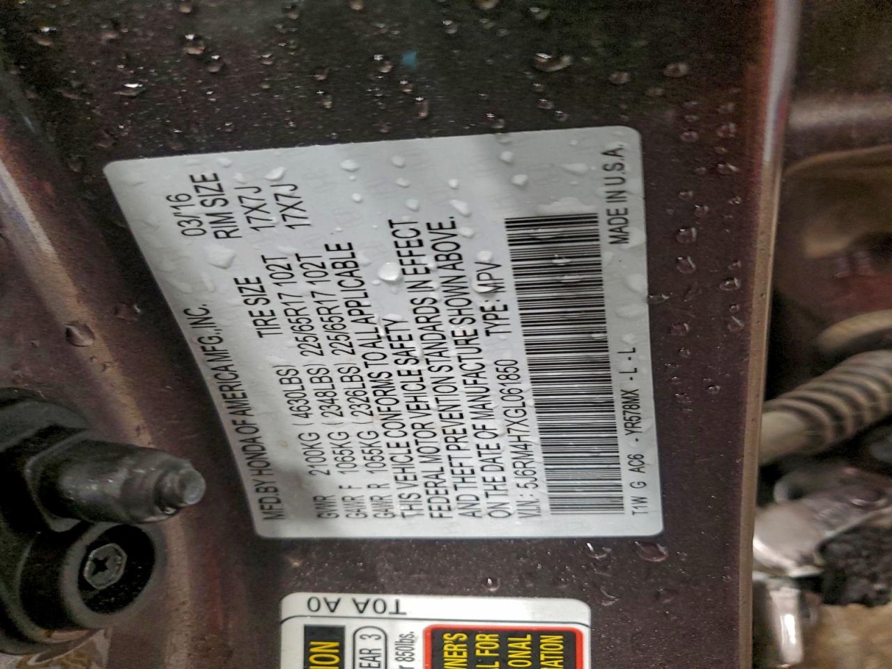 2016 Honda Cr-V Exl VIN: 5J6RM4H7XGL061850 Lot: 94563615