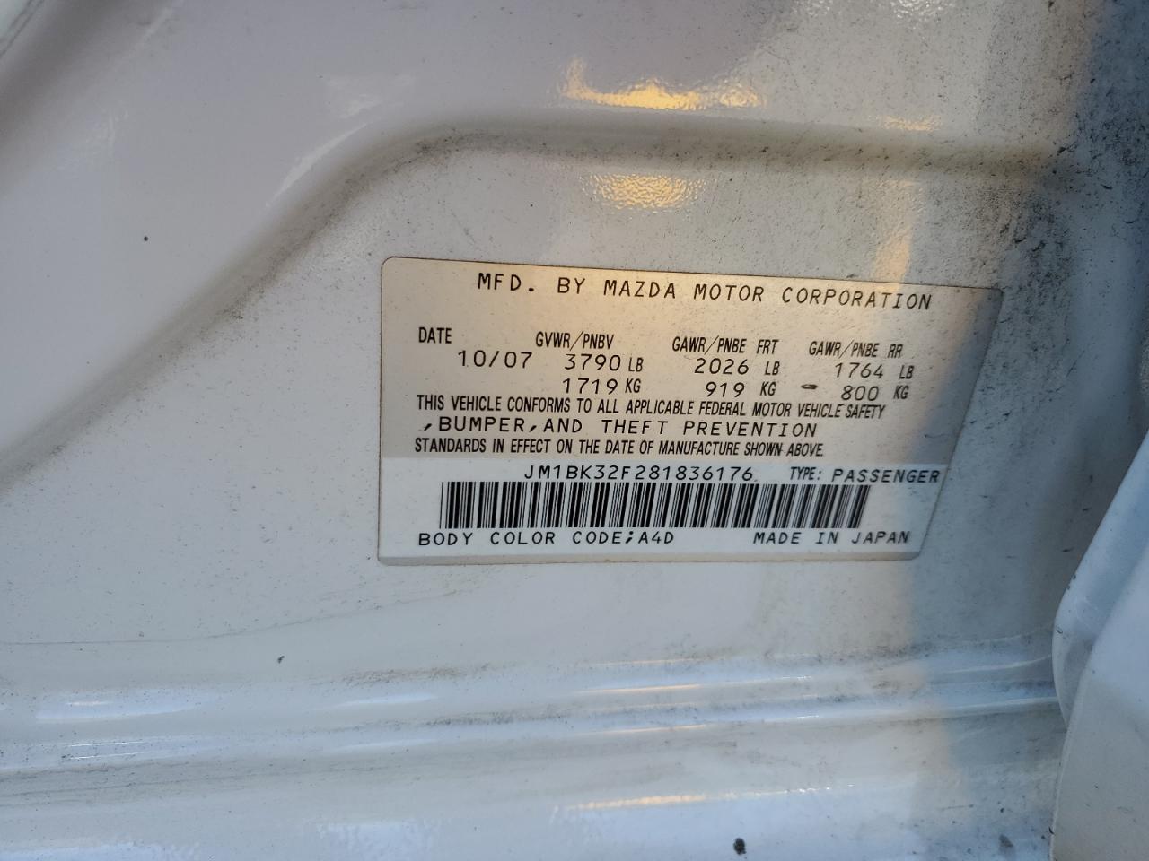 2008 Mazda 3 I VIN: JM1BK32F281836176 Lot: 93026315