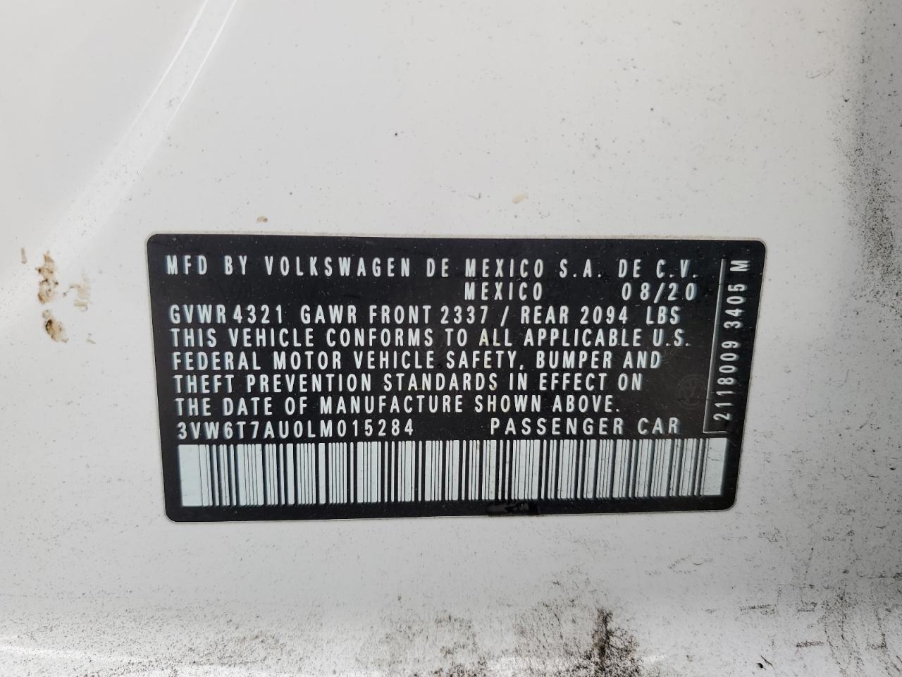 2020 Volkswagen Gti S VIN: 3VW6T7AU0LM015284 Lot: 92531175