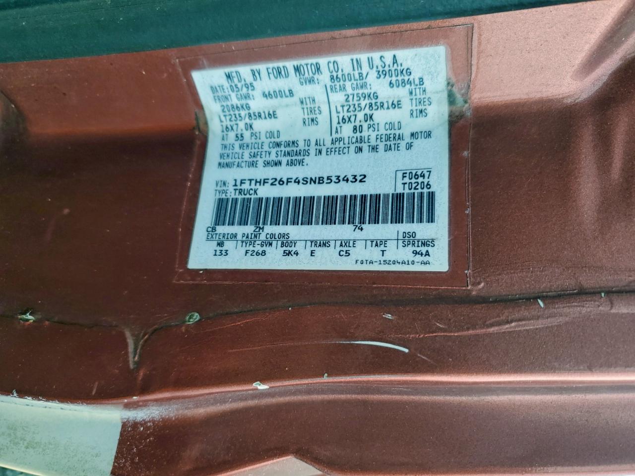 1995 Ford F250 VIN: 1FTHF26F4SNB53432 Lot: 94178995