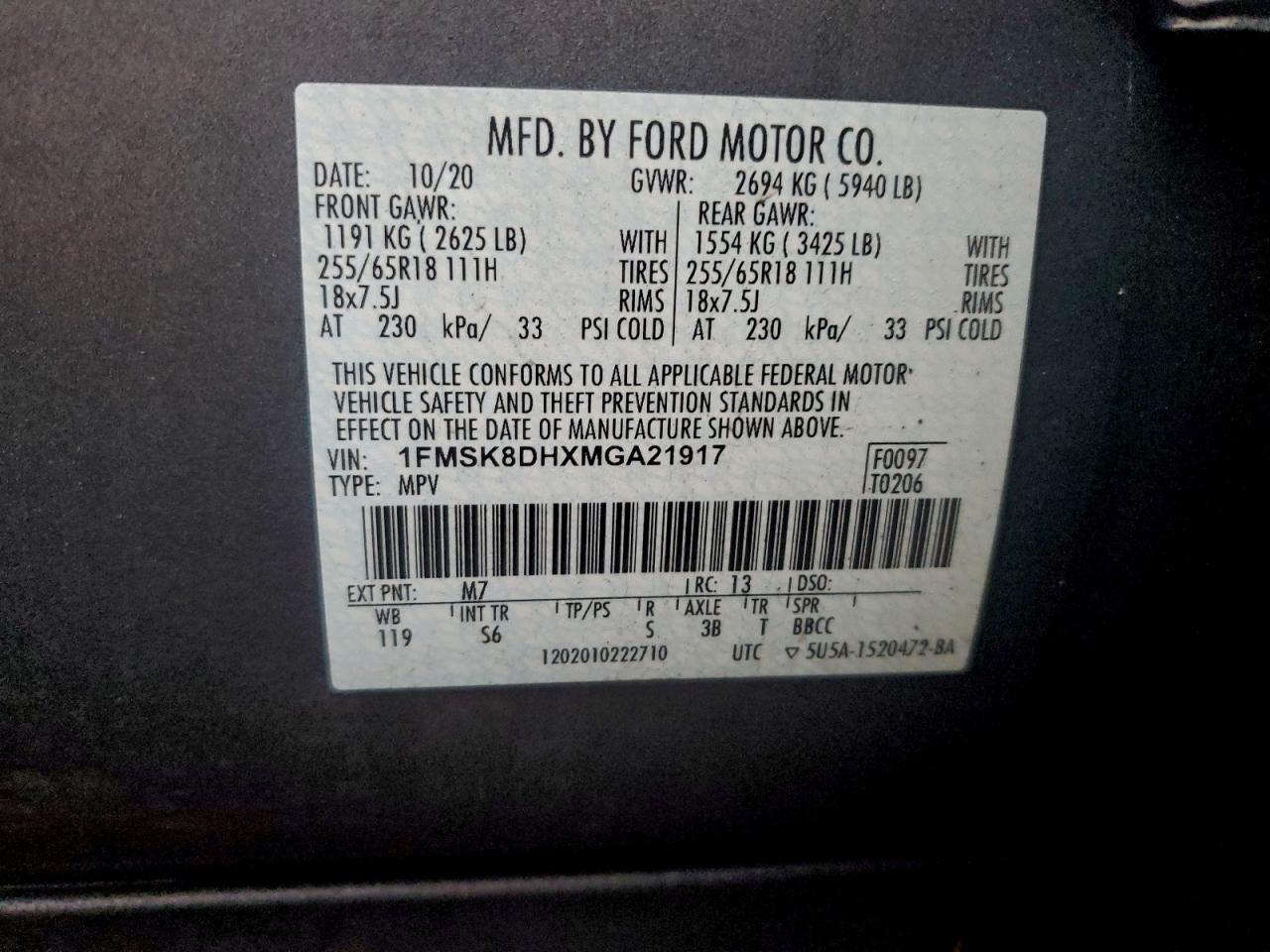 2021 Ford Explorer Xlt VIN: 1FMSK8DHXMGA21917 Lot: 93844025