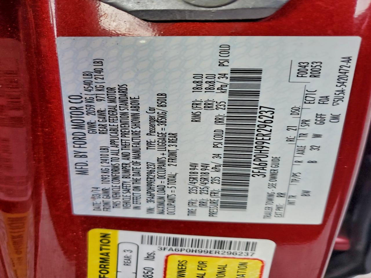 2014 Ford Fusion Se VIN: 3FA6P0H99ER296237 Lot: 94267245