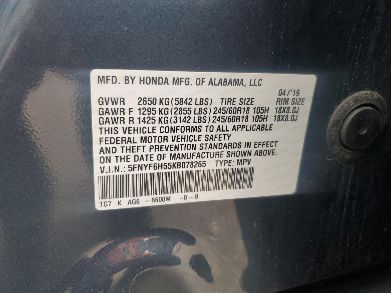 2019 Honda Pilot Exl VIN: 5FNYF6H55KB078265 Lot: 91475615