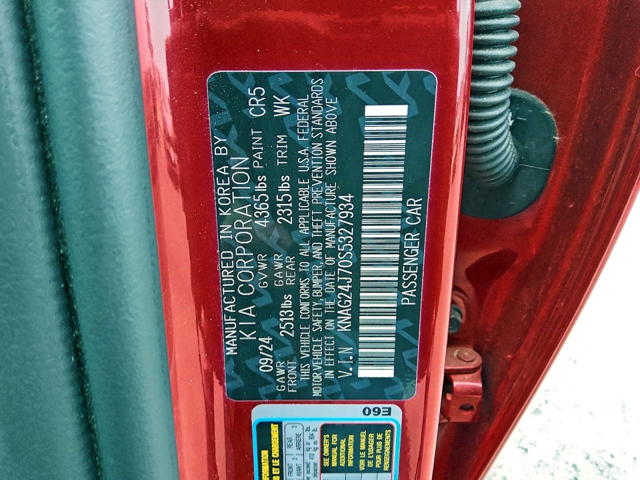 2025 Kia K5 Lxs VIN: KNAG24J70S5327934 Lot: 93059515