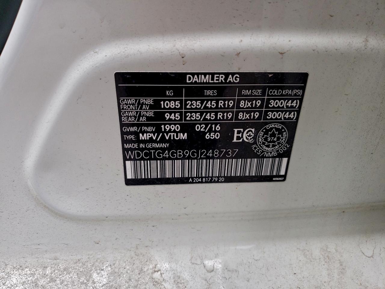 2016 Mercedes-Benz Gla 250 4Matic VIN: WDCTG4GB9GJ248737 Lot: 93953425