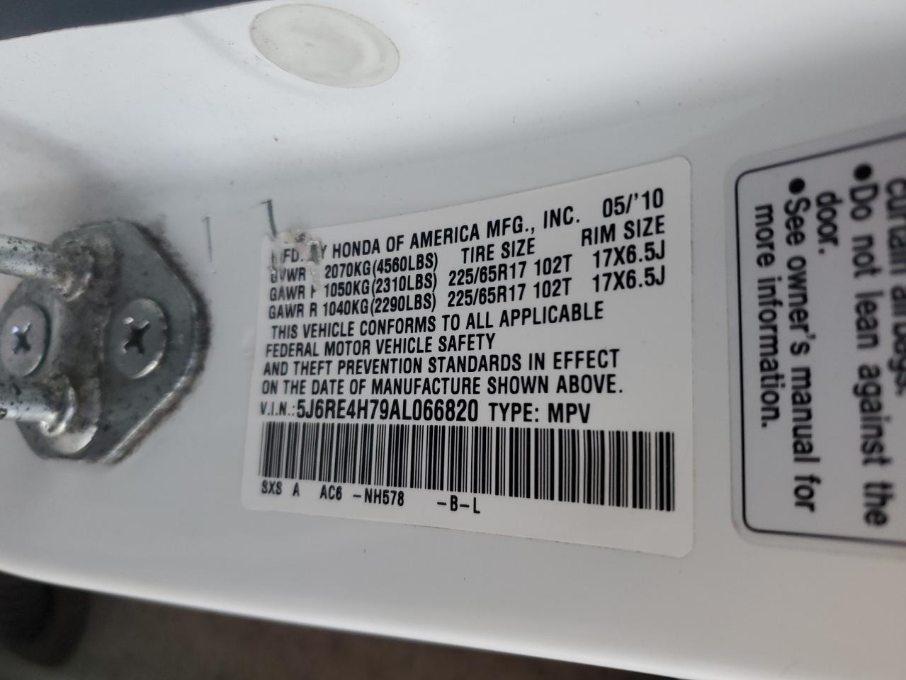 2010 Honda Cr-V Exl VIN: 5J6RE4H79AL066820 Lot: 91282535