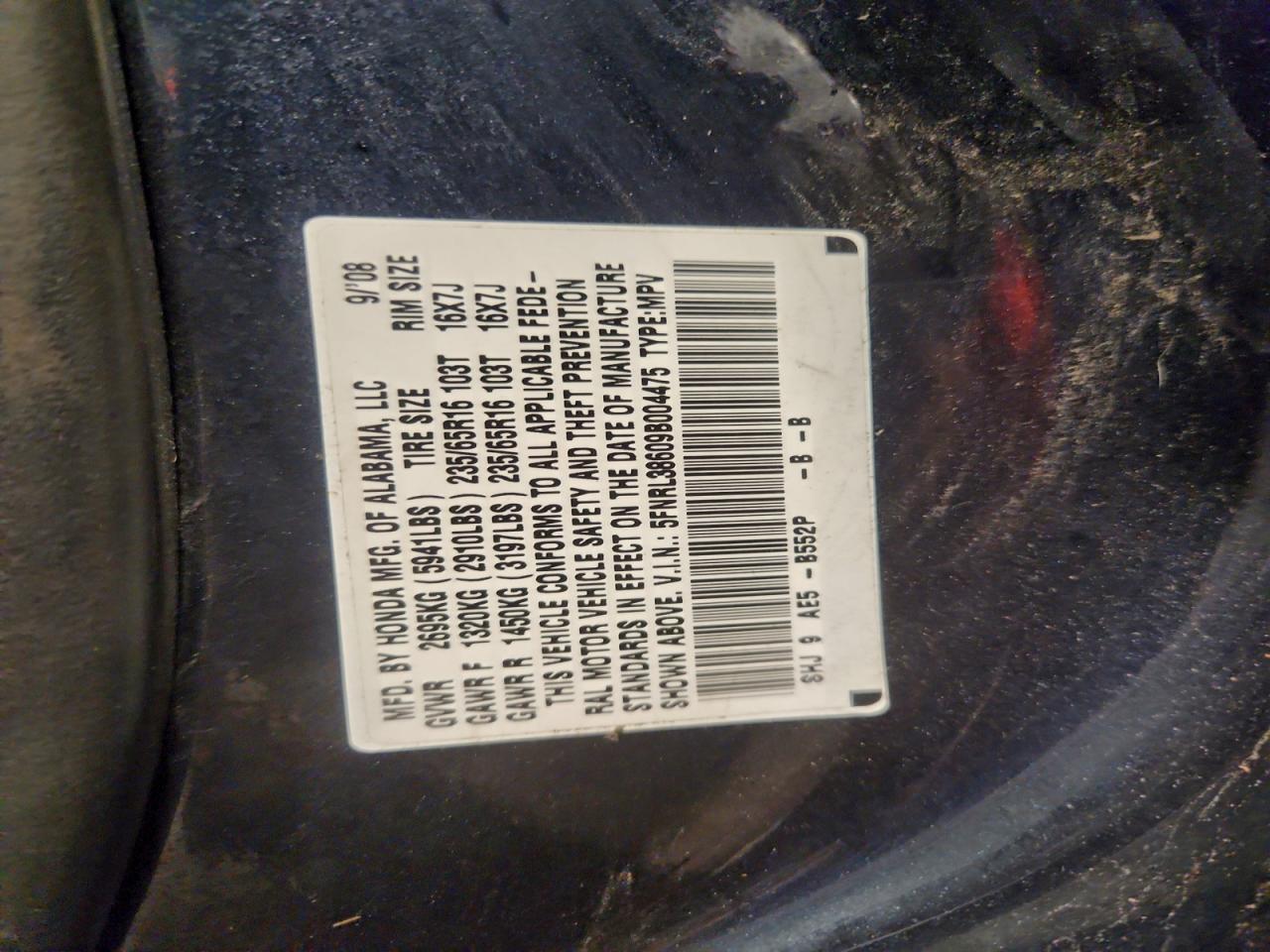 2009 Honda Odyssey Exl VIN: 5FNRL38609B004475 Lot: 94434355