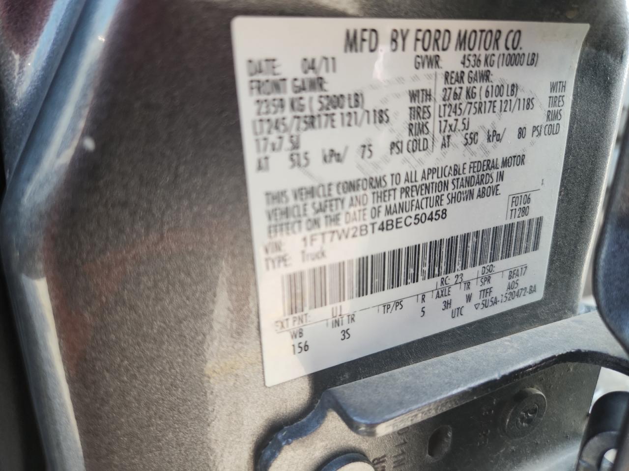 2011 Ford F250 Super Duty VIN: 1FT7W2BT4BEC50458 Lot: 93242315