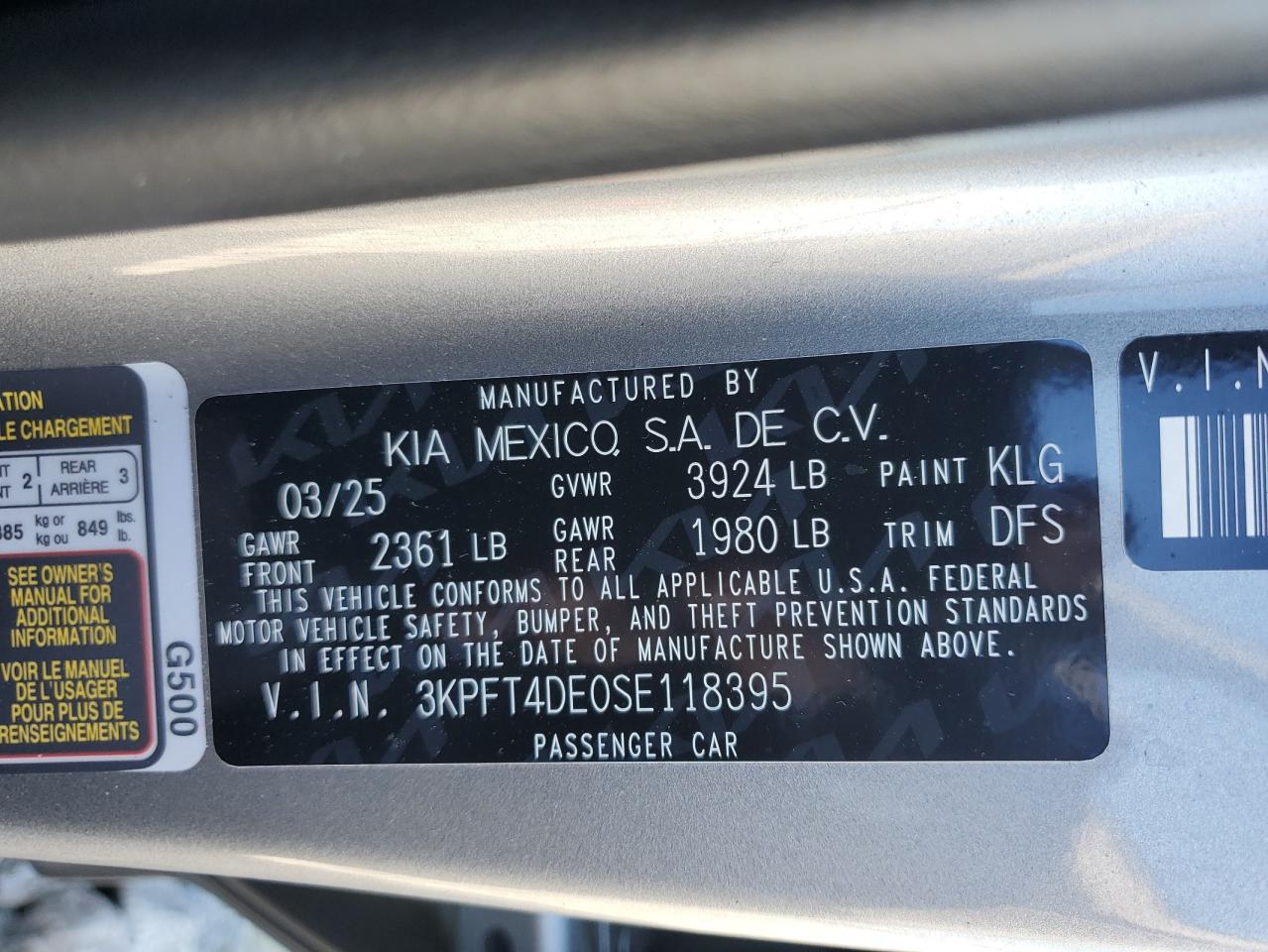 2025 Kia K4 Lx VIN: 3KPFT4DE0SE118395 Lot: 92593955