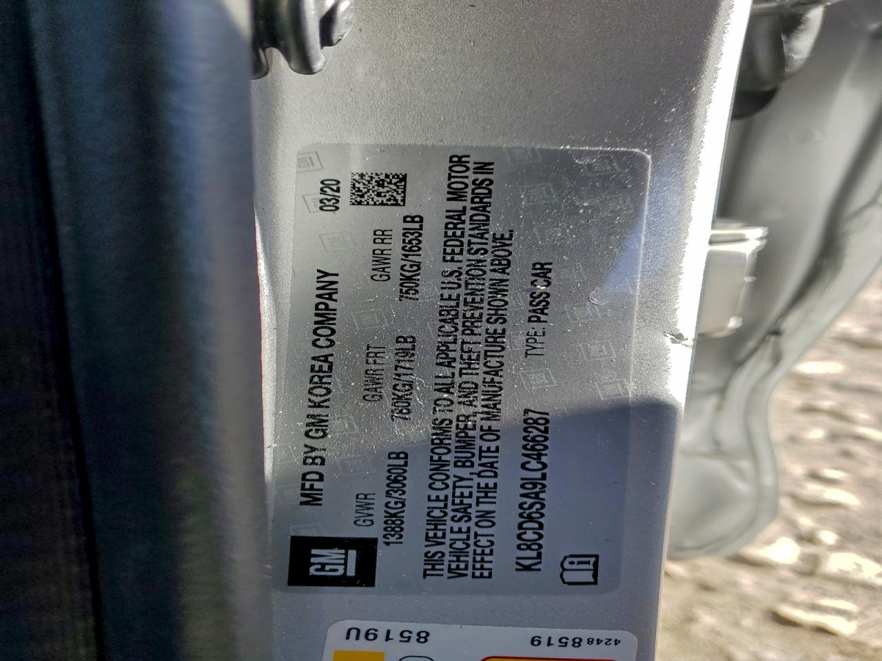 2020 Chevrolet Spark 1Lt VIN: KL8CD6SA9LC466287 Lot: 93718865