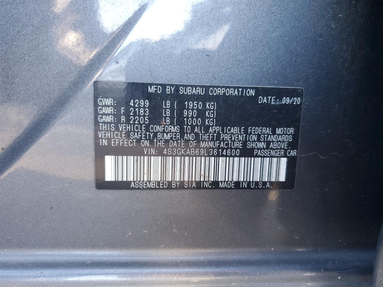 2020 Subaru Impreza VIN: 4S3GKAB69L3614600 Lot: 92537495