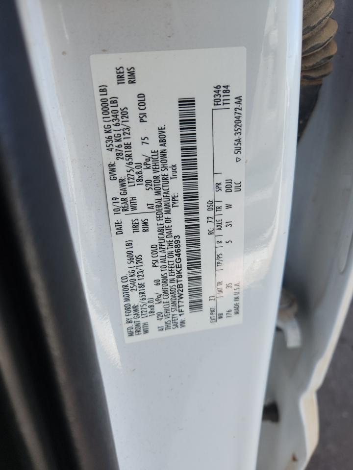 2019 Ford F250 Super Duty VIN: 1FT7W2BT8KEG46893 Lot: 92047245