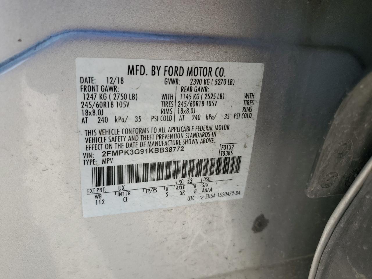 2019 Ford Edge Se VIN: 2FMPK3G91KBB38772 Lot: 91680555